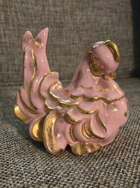 Pink Ceramic Hen Figurine with Gold Accents